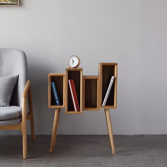 Revistero minimalista moderno nórdico de cuatro rejillas, revistero con suelo de roble blanco 0093