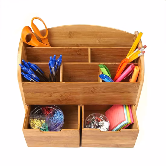 Organizador de escritorio de bambú, suministros de oficina, portalápices